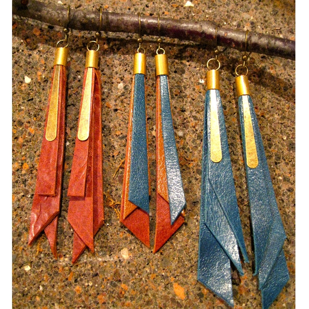 Earring Leather Fringe Deep Teal Yellow Ochre Burnt Orange Southwestern Inspired