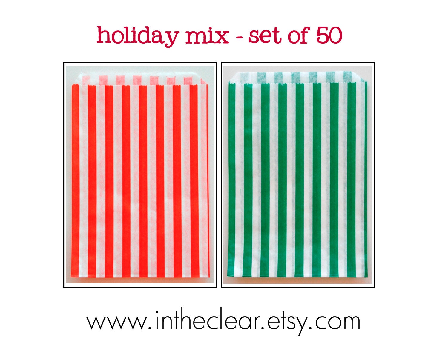 Set of 50 - Traditional Sweet Shop Holiday Christmas Mix Red and Green 25 of Each Candy Stripe Paper Bags - 7x9 New Style