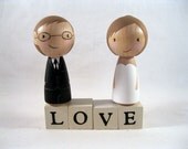 Kokeshi Peg Doll Semi Custom Wedding Cake or Cupcake Tower Topper with LOVE blocks - I got a Crush on You