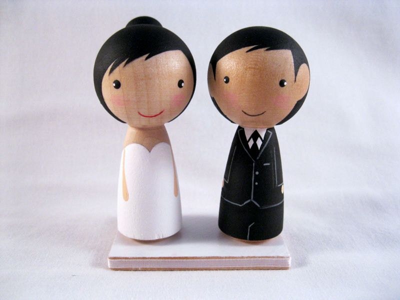 Kokeshi Peg Doll Semi Custom Wedding Cake or Cupcake Tower Topper with Stand
