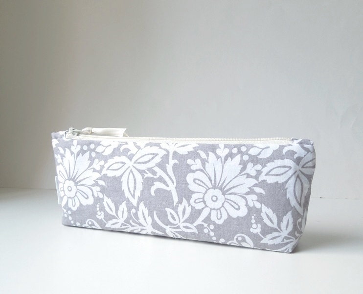 Gray and White Long Pencil Case Zipper Pouch with Floral Design