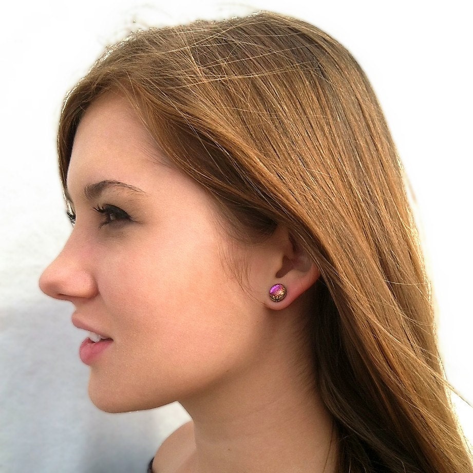 Dichroic Sparkling Magenta Pink Fused Glass Stud / Post Earrings 10mm, Pink Flambe