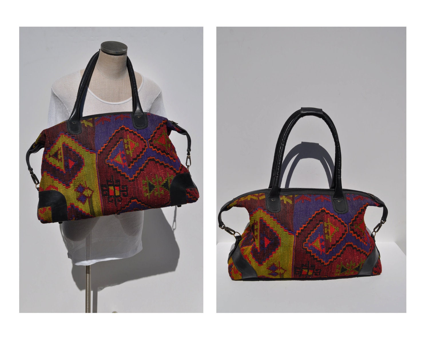 LARGE vintage leather bag vintage carry all WEEKENDER messenger bag tote carry on saddle bag duffle kilim ethnic ikate