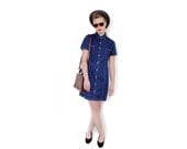 Vintage dress / blue denim button up mini dress / size M
