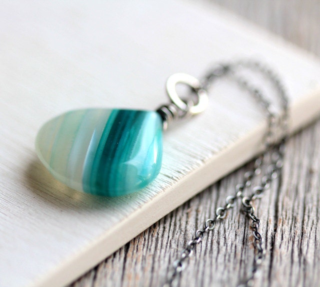 Ombre Blue Necklace Blue Agate on Sterling Silver Chain - Summer Fashion Teal Aqua Blue - Large Statement Necklace