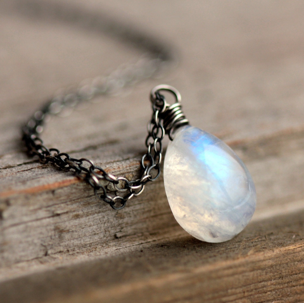 Moonstone Necklace - Glowing Blue Flash Moonstone on Oxidized and Polished Sterling Silver Chain - Moondrop