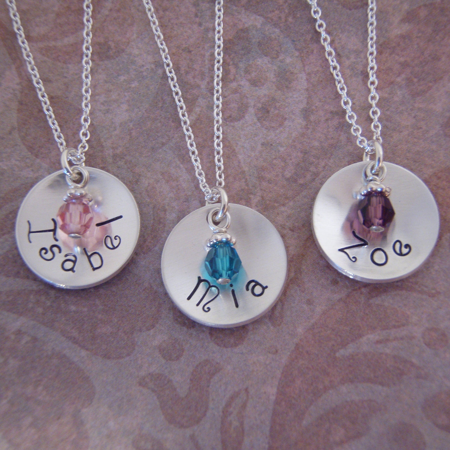 Girl's name necklace with birthstone crystal or pearl accent - Hand stamped name necklace in sterling silver