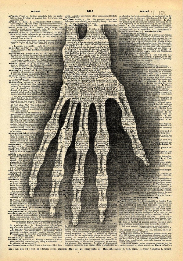 Vintage Book Art Print - Medical X Ray Anatomical Hand Bones Print - Upcycled Recycled Antique Book Print - Vintage Skeleton Print