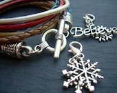 Womens Christmas Bracelet, Leather Bracelet, With 2 free lobster clasp charms, Womens Jewelry, Christmas Jewelry - UrbanSurvivalGearUSA