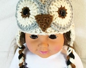 Crochet Owl Doll Hat - 18" American Girl Doll Hat - Gray Brown Beige Owl doll beanie handmade