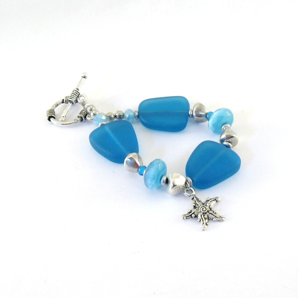 Blue Sea Glass Bracelet Royal Blue Cat Eye Silver Starfish Silver Beaded Bracelet