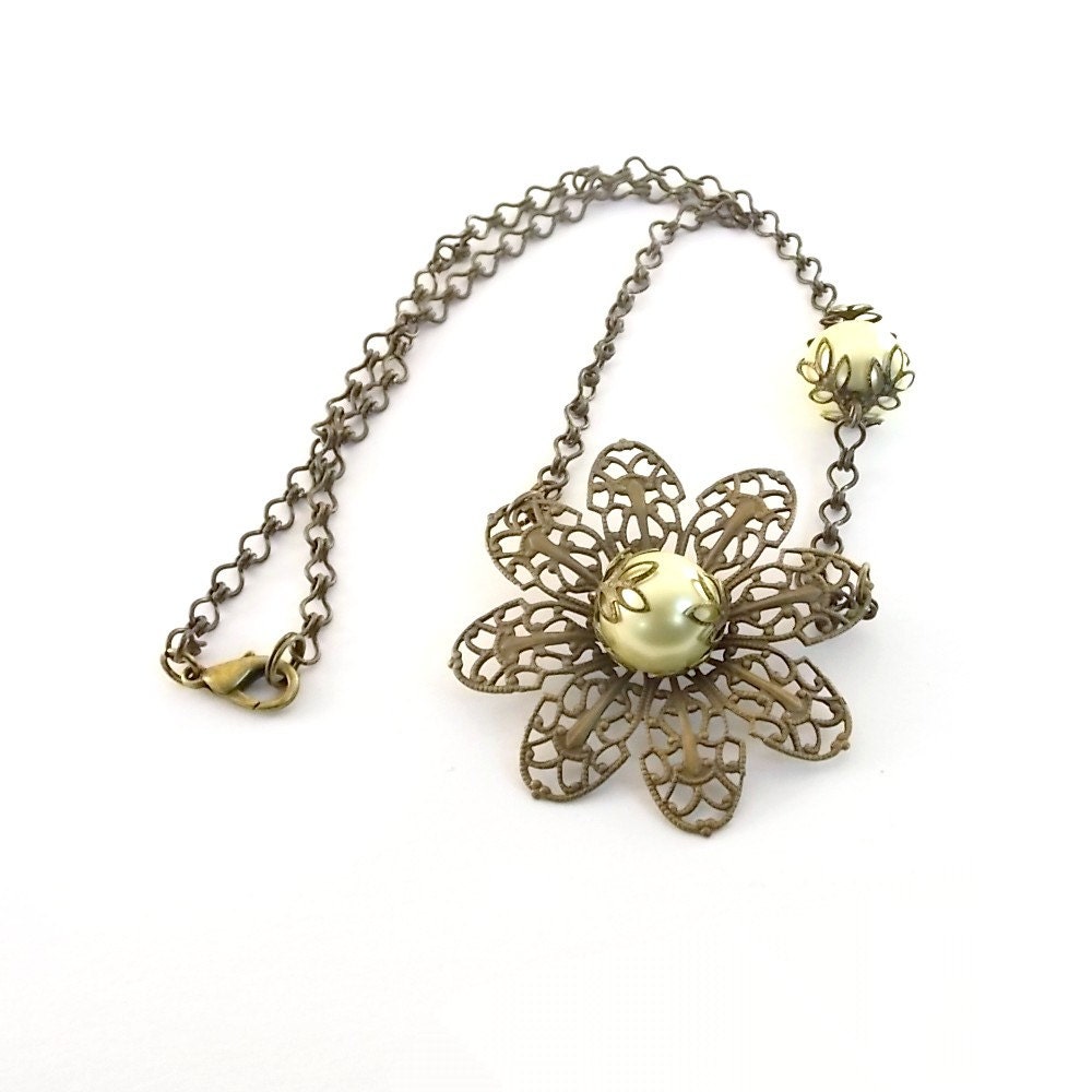 Yellow Flower Necklace Vintaj Brass Chain Vintaj Filigree Flower Glass Pearl Antique Brass Bead Caps Beaded Chain Handmade