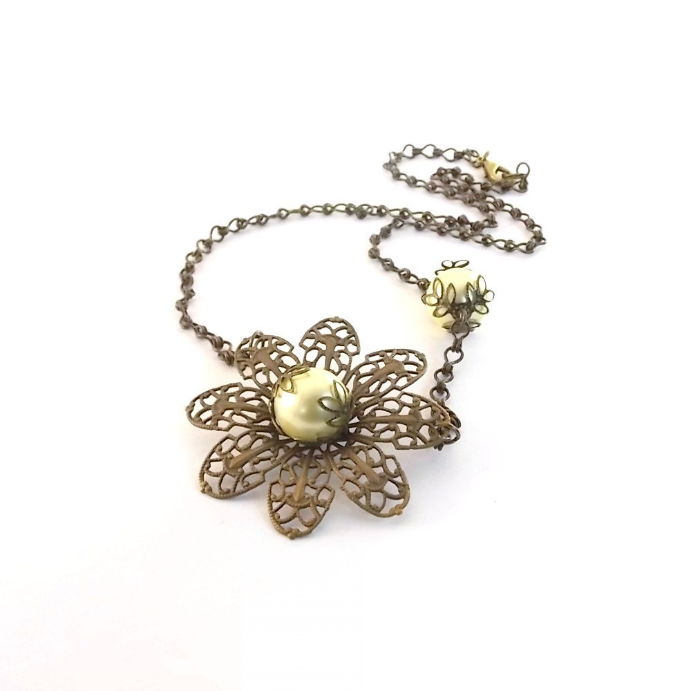 Yellow Flower Necklace Vintaj Brass Chain Vintaj Filigree Flower Glass Pearl Antique Brass Bead Caps Beaded Chain Handmade