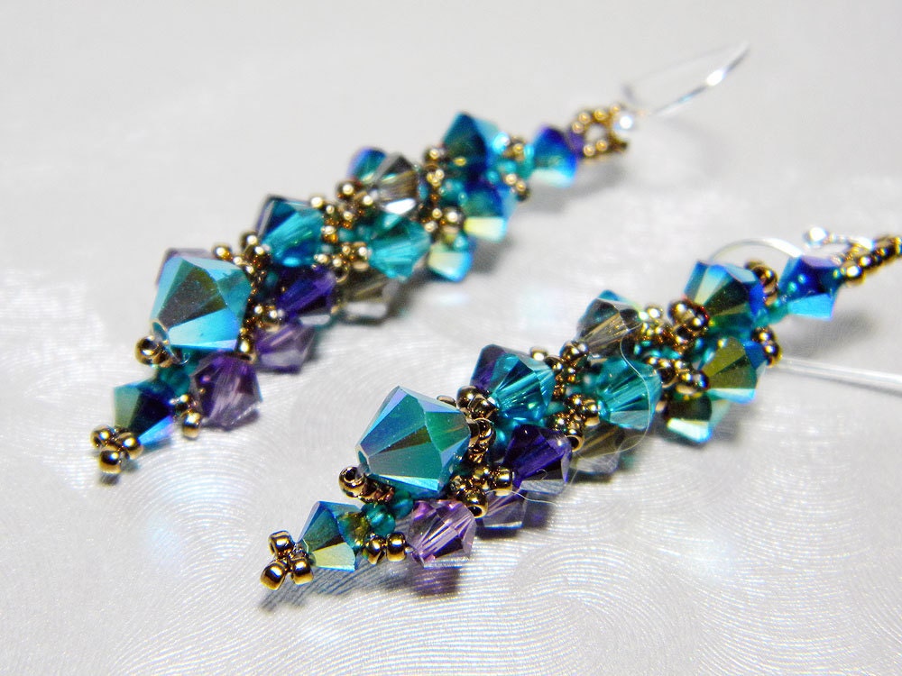 Peacock Swarovski Short Crystal Earrings Jet 2X AB, Blue Zircon, Purple Velvet, Sterling Silver - "Ombre dOiseaux"