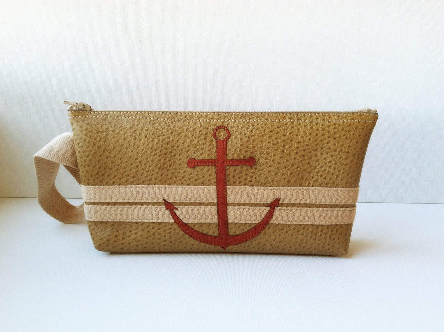 nautical anchor clutch - brick red anchor & khaki stripes on tan vegan leather  : "ginger or mary ann"