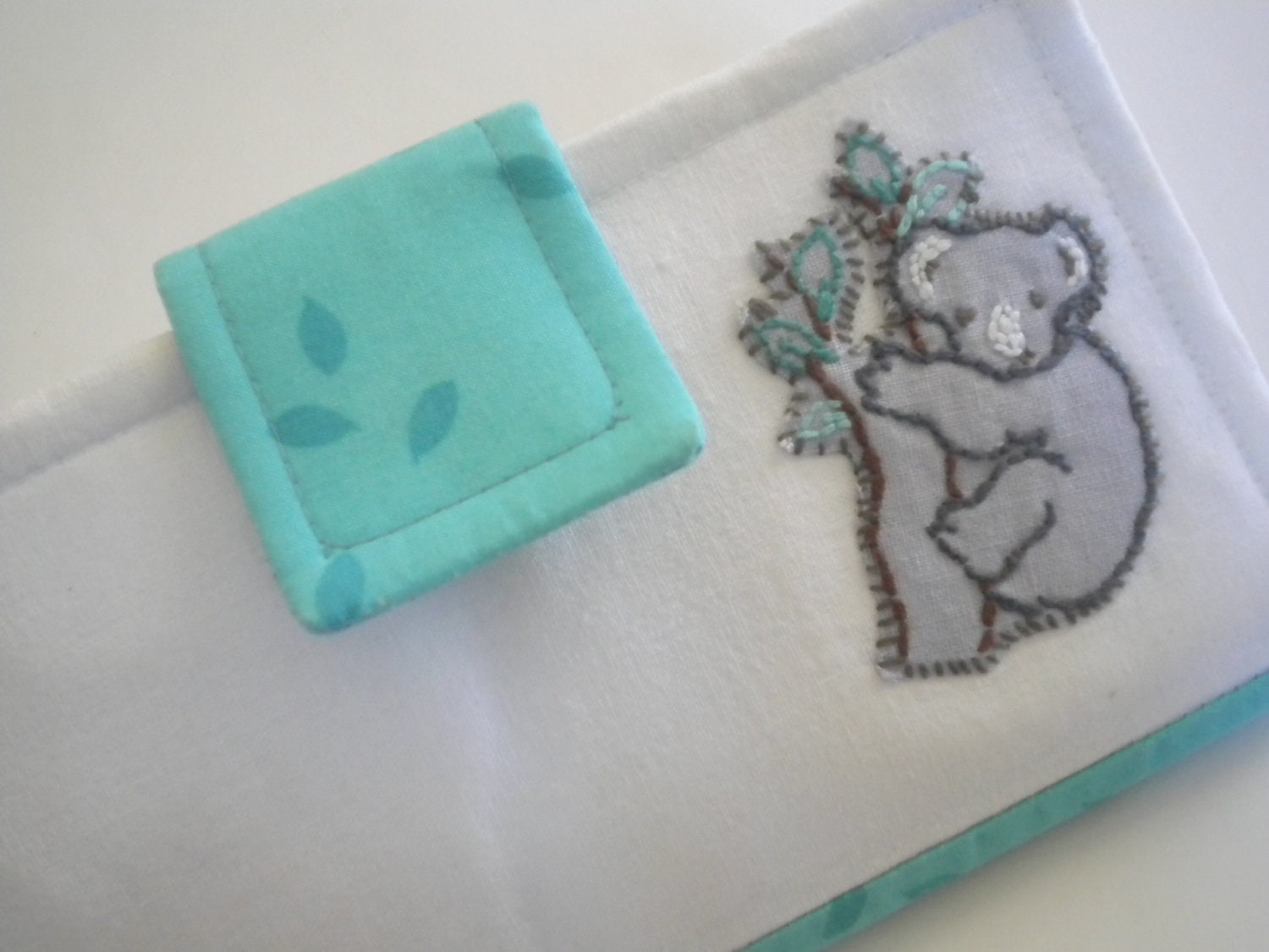 Koala Wallet Women's Clutch Wallet Handmade Embroidered Applique, Ivory Linen, Gray Linen, Turquoise Green