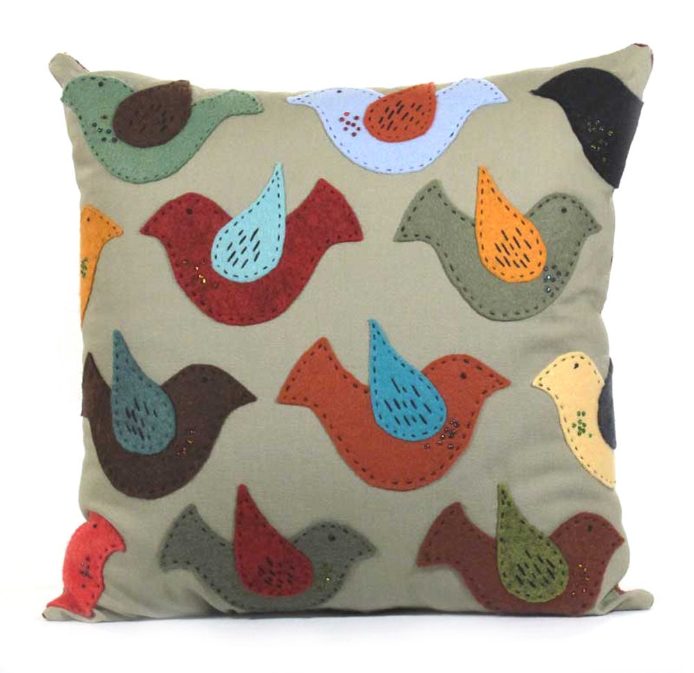 Designer Throw Pillows: Embroidered Freckled Birds