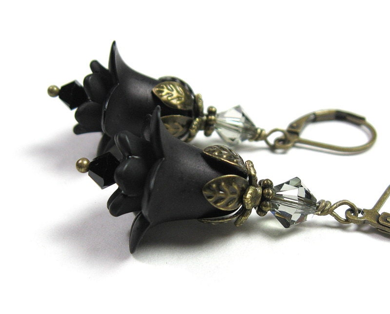 Jet Black Lucite Flower Earrings, Swarovski Crystal, Vintage Style Jewelry, Charcoal, For Her Womens Accessories, Romantic, Sexy Jewelry