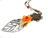 Vintage Style Necklace, Apricot Orange, Floral Jewelry, Swarovski, Woodland, Boho, Gifts for Gardeners, Womens Accessories, Antiqued Brass