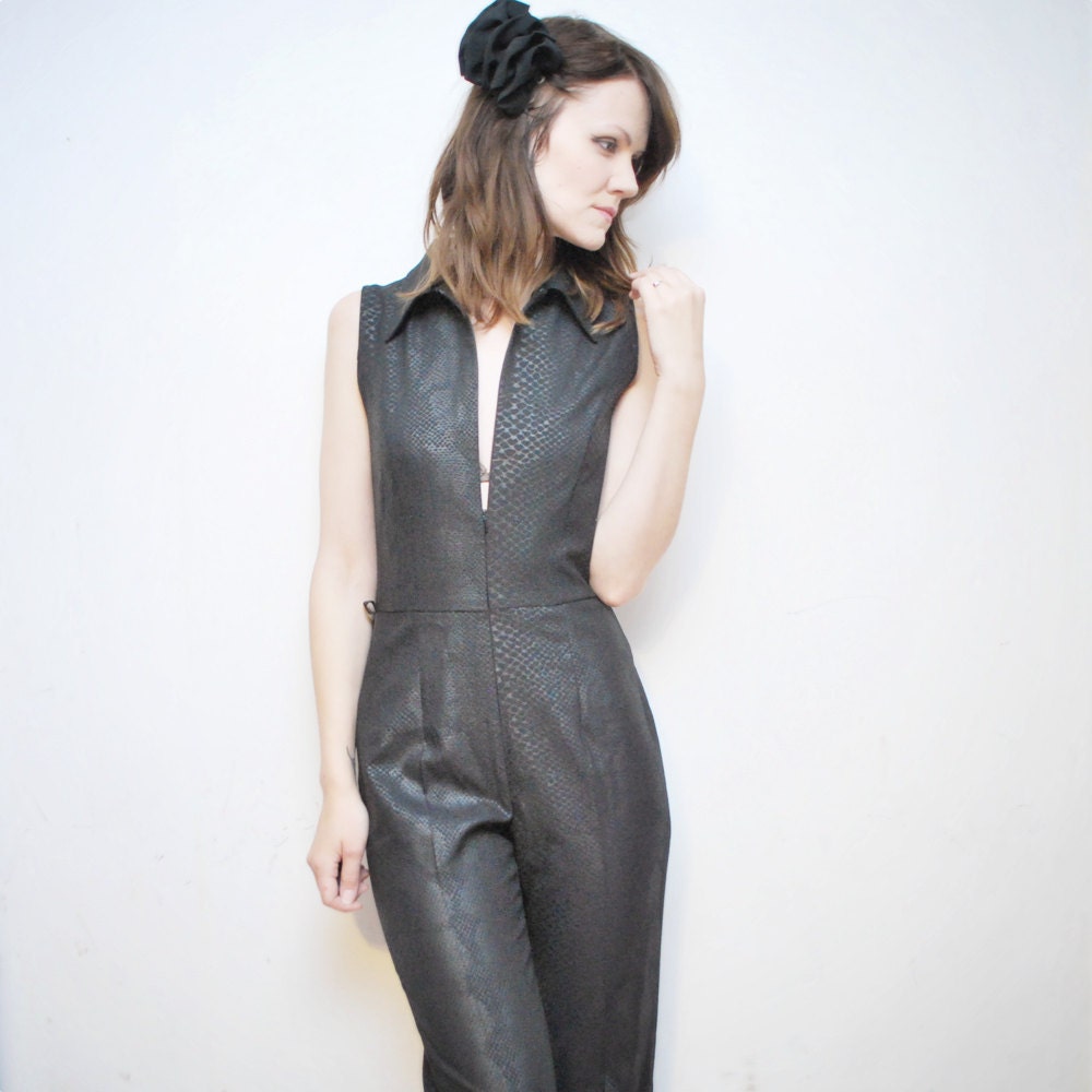 SALE...Black REPTILE snake pattern pantsuit. jumpsuit. playsuit - small