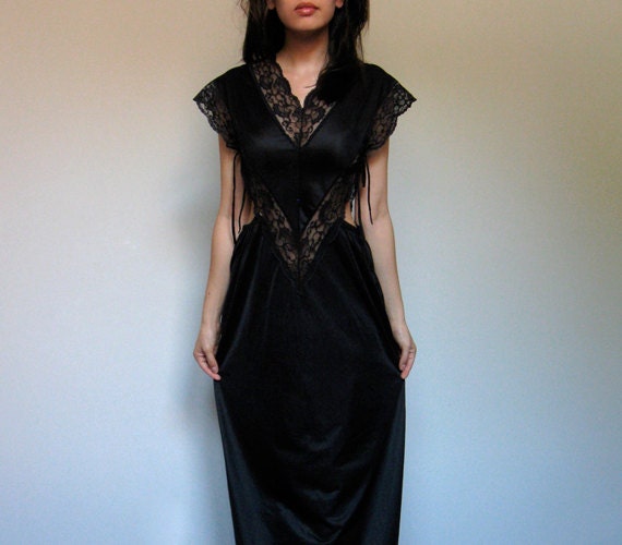 Black Maxi Dress Cutout Vintage Lace Lingerie Slip Dress S/ M