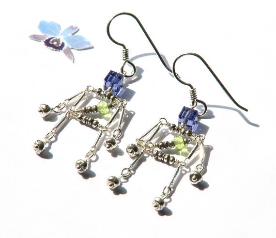 Purple green robot birthstone earrings- amethyst peridot science earrings- gemstone sterling dangle geek earrings- tech- Kathy Bot