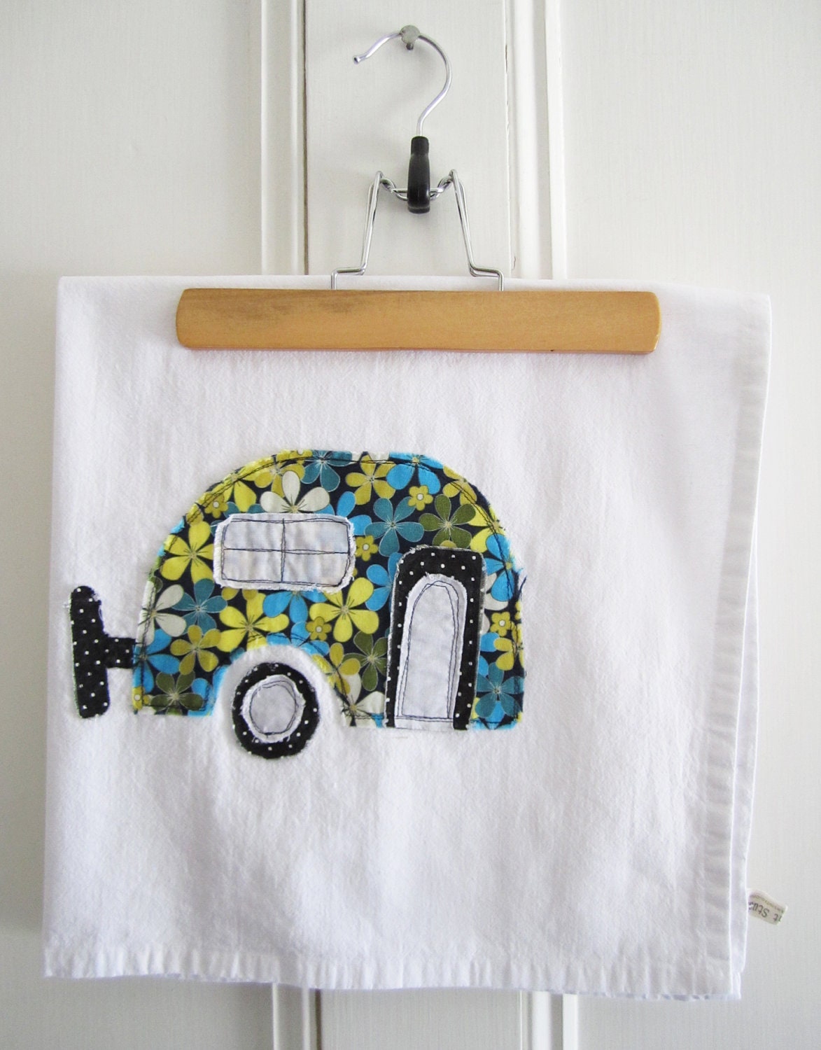 Appliqued Tea Towel Floral Caravan Design - 100% Cotton