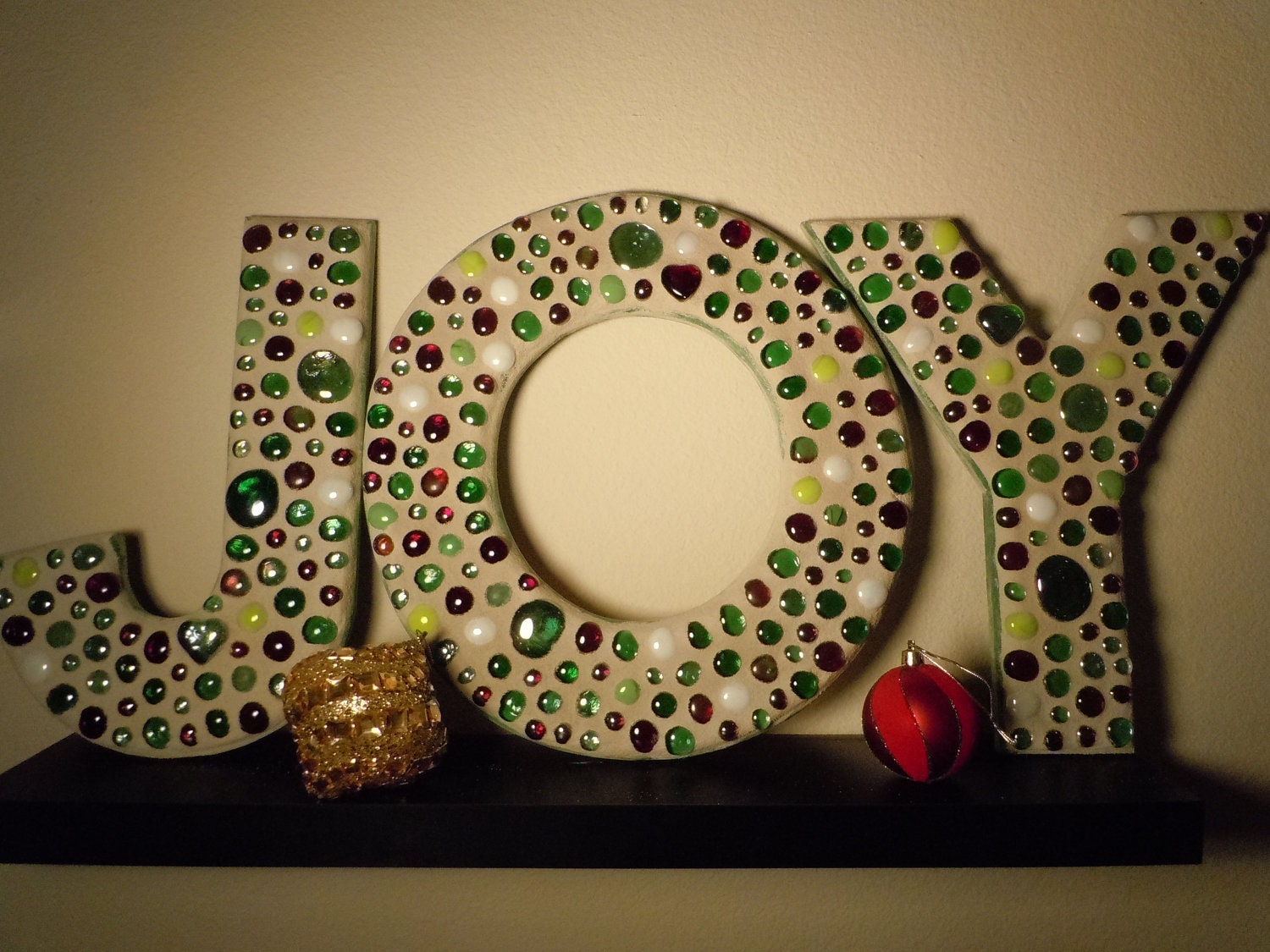 JOY - Large Mosaic Letters In Array of Christmas Colors  OOAK Fruit Cake