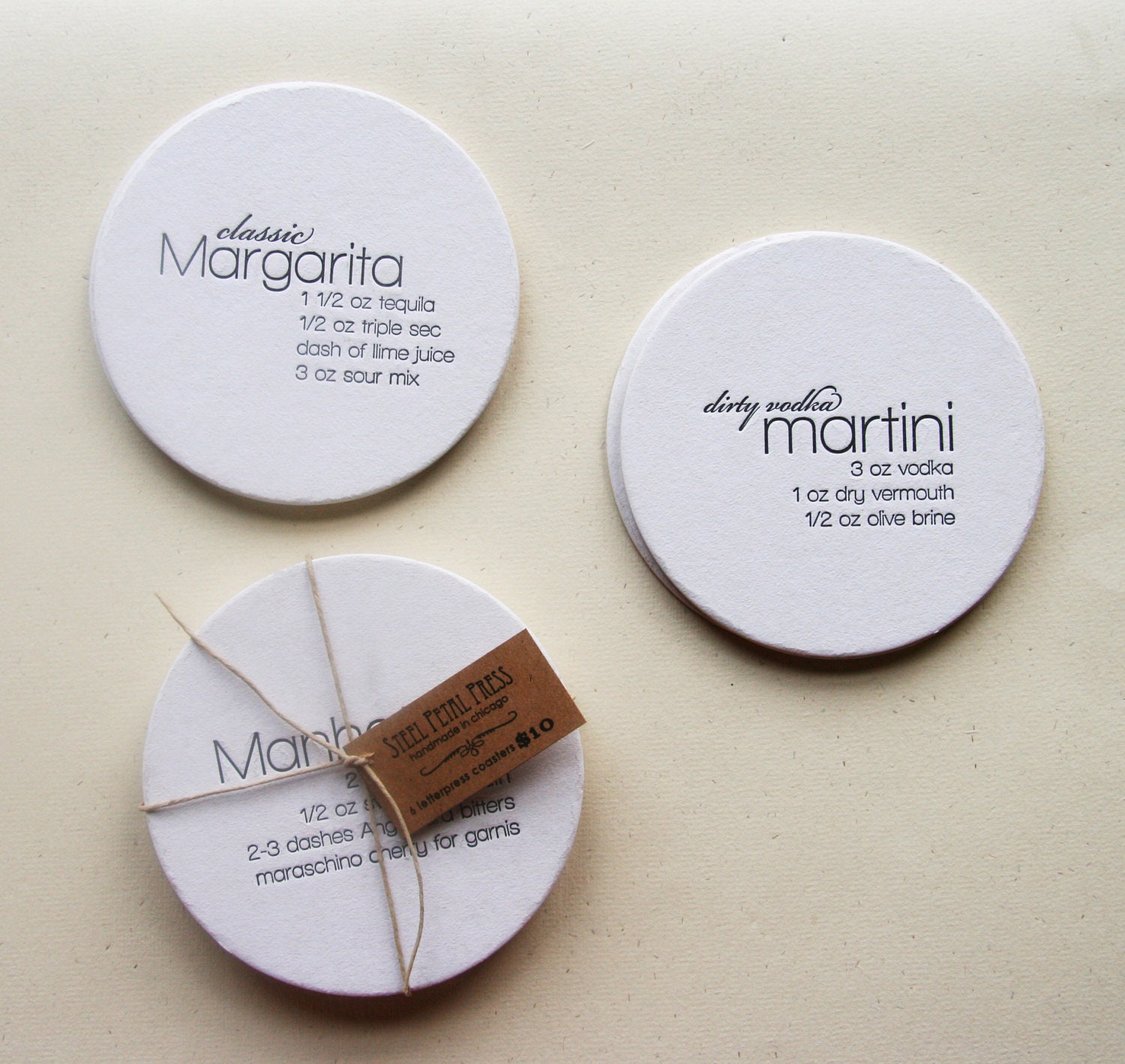 Letterpress Coaster - 6 Cocktail Recipes