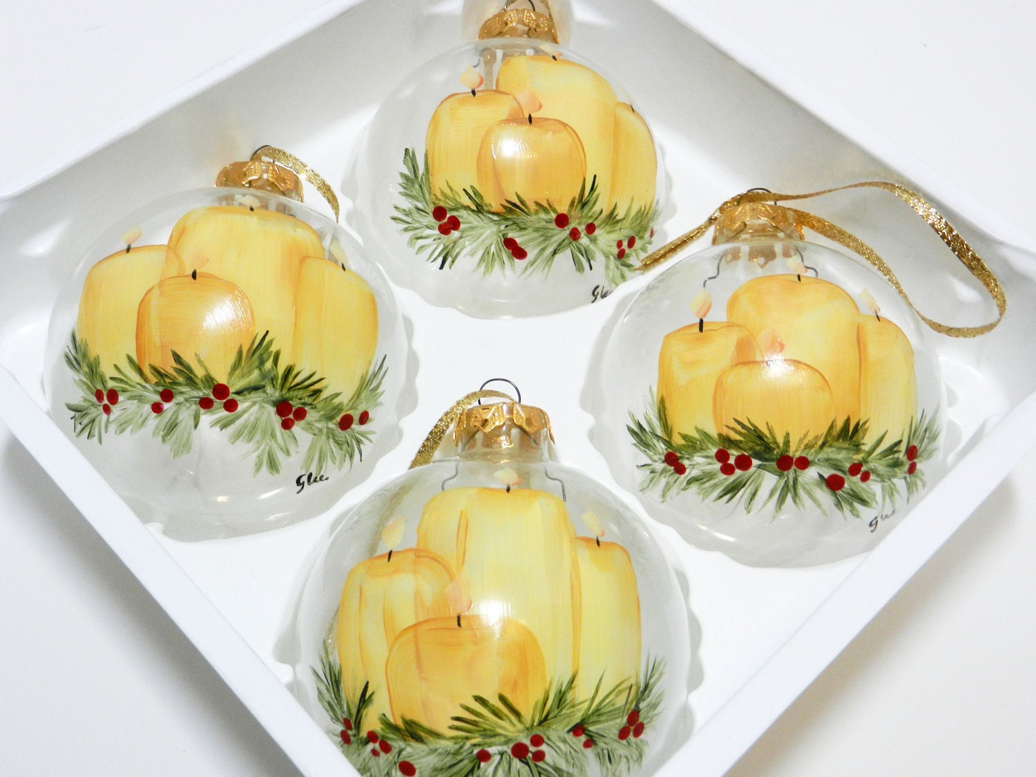 Hand Painted Glass Ornaments with Christmas Candles Set of Four