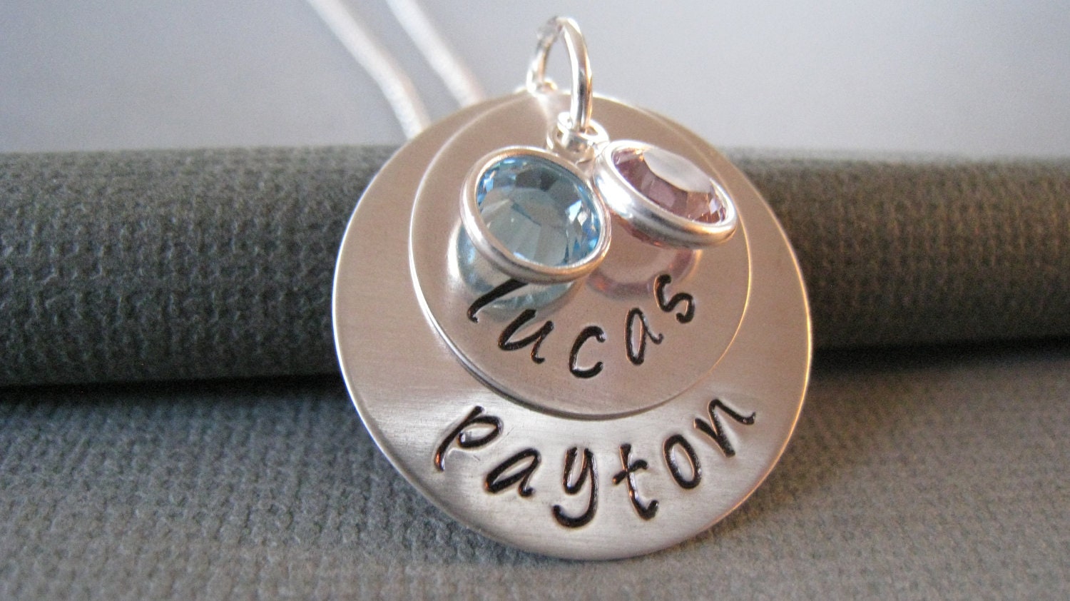 Hand Stamped Mommy Jewelry - Personalized Sterling Silver Custom Necklace - Two layered Names with Swarovski Crystlas
