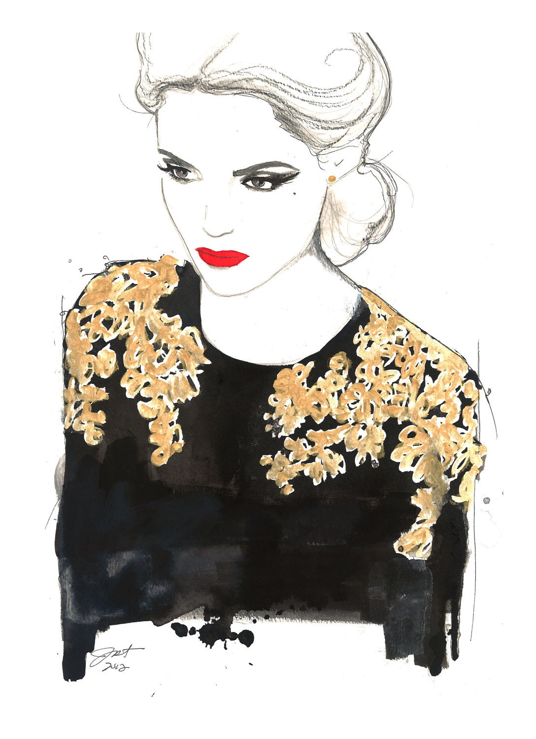 Print from original watercolor, pen, charcoal fashion illustration by Jessica Durrant titled All that glitters is not gold