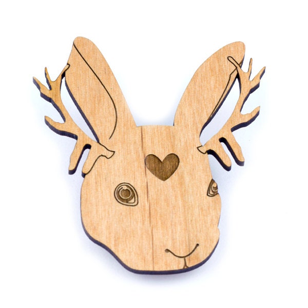 Jackalope Head Wooden Brooch