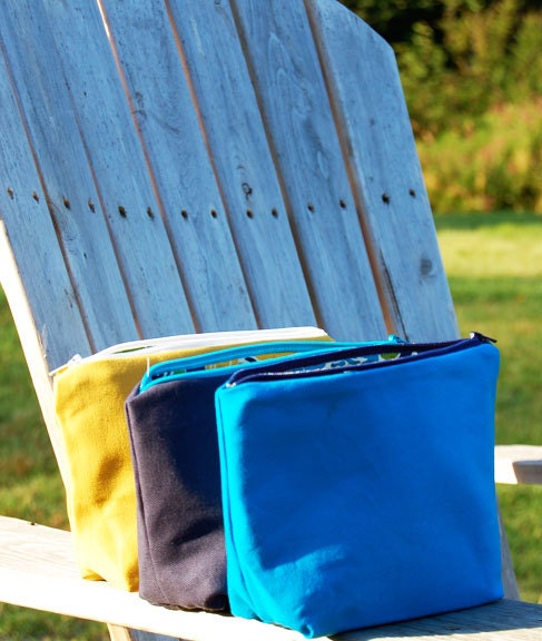 Cosmetic Zipper Pouch - Teal Blue with Navy Blue Zipper, Floral Interior