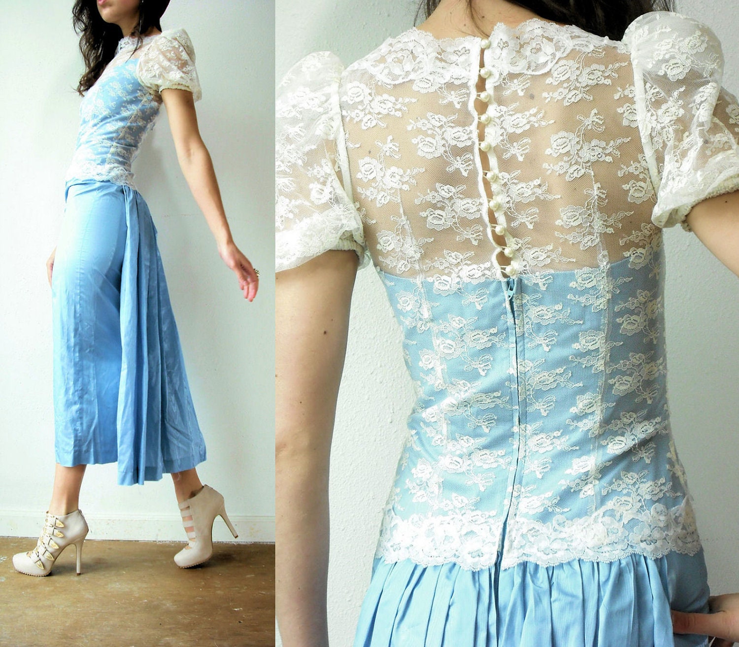 Vintage 80's Cornflower Blue and White Floral Lace Taffeta BUSTLE Dress / Wiggle Pencil Gown