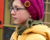 Chunky Beehive Button Slouchy Stull Cap ... Magenta ... Ready to ship