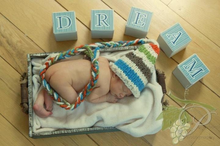 Knit Baby Hat in Bulky Yarn with Stripes of 4 Colors and Ivory with Long Braid, Photography Prop