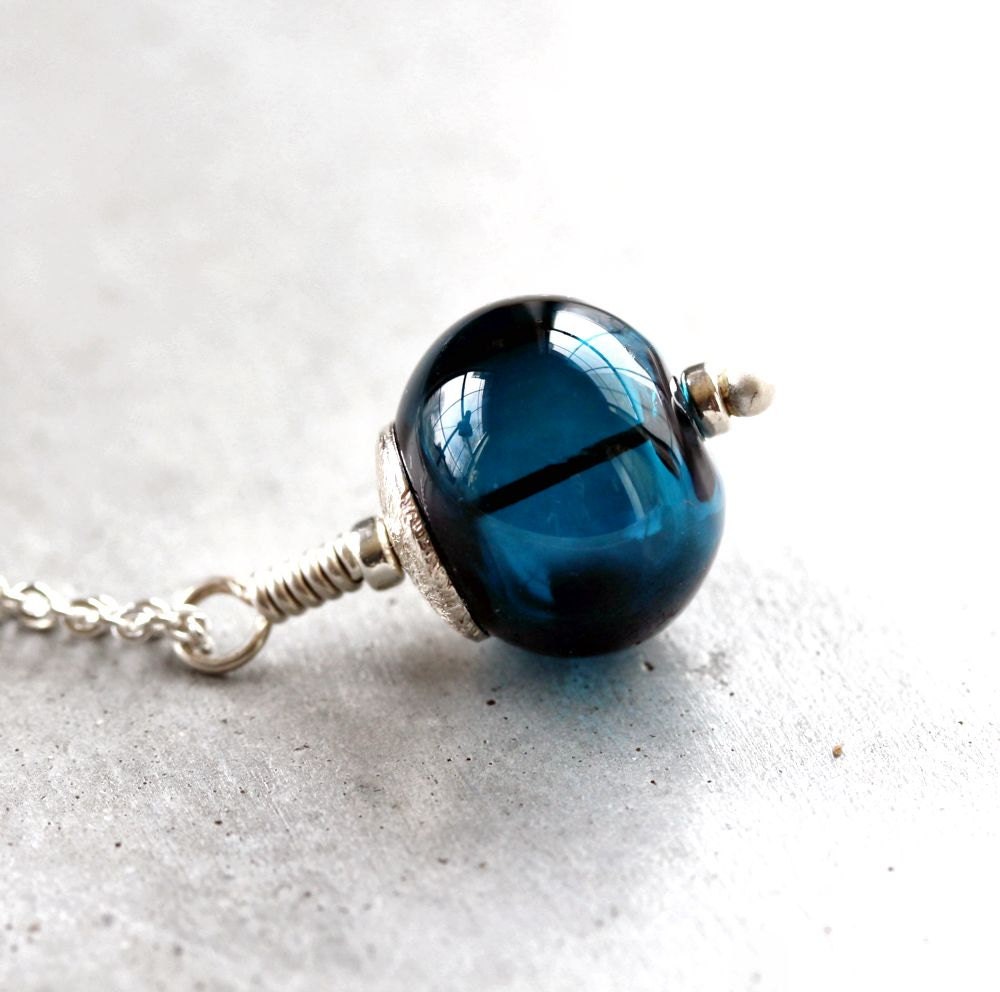 Lampwork Glass Necklace, Midnight Indigo Ink Blue Lampwork Hollow Sterling Silver Necklace - Blue Velvet