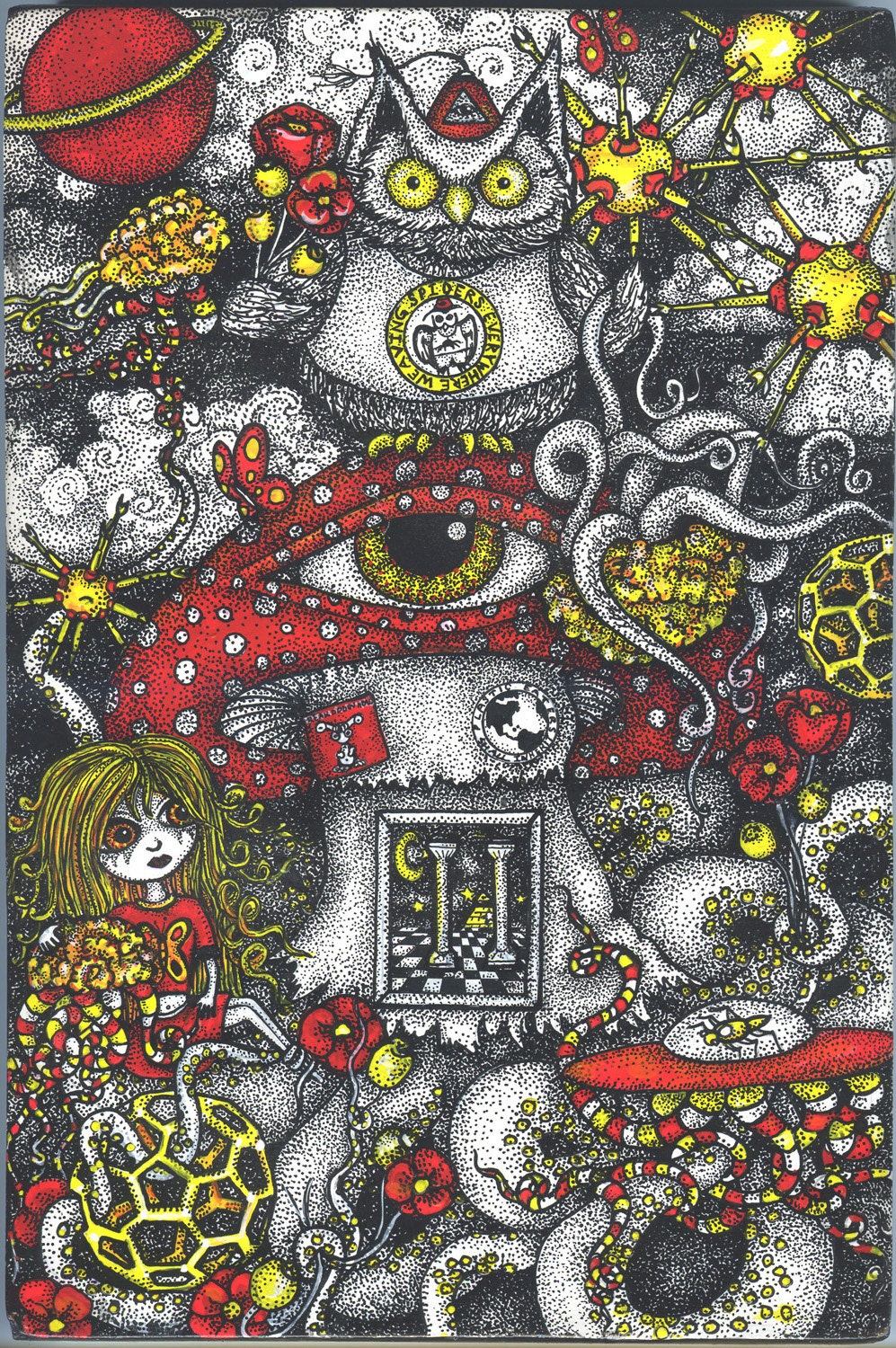 Original Pen and Ink Acrylic Pointilism Weaving Spiders Everywhere Conspiracy Esoteric Owl Octopus Illuminati