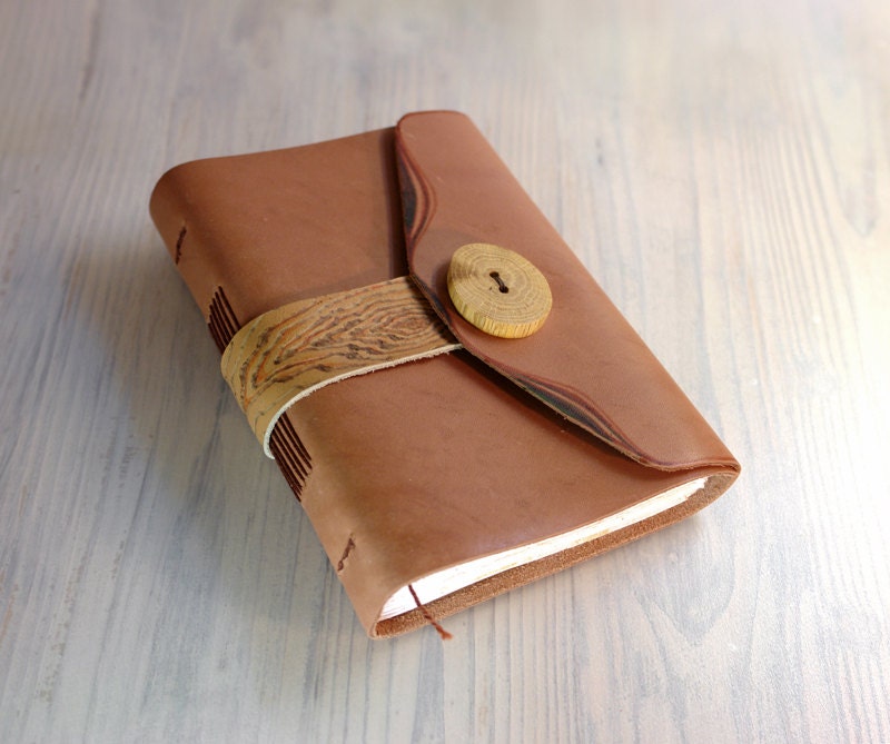 SALE - Journal Notebook, Leather Cover, Wood Button, Decorated Paper - Free Shipping