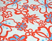 Vintage Fabric - Blue and Red Flowers on Linen - By the Yard - Polyester Backed