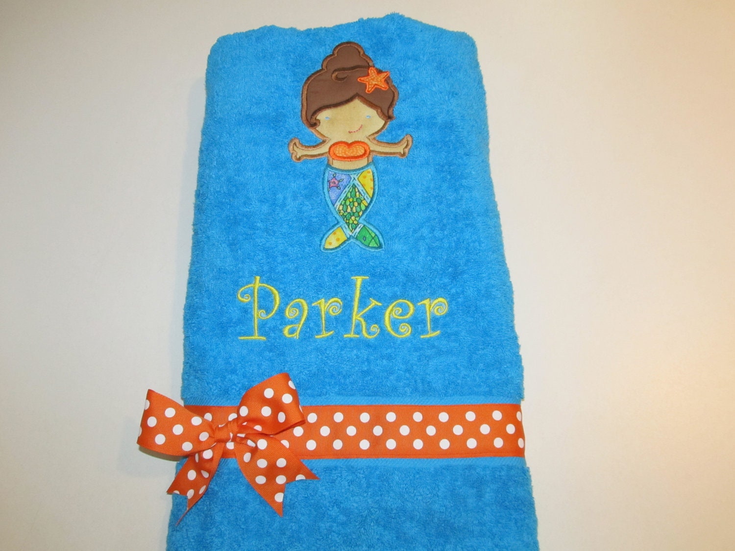 Girls, Little Girls, Aqua Bath, Beach, or Pool Towel with Mermaid Applique and Monogram, Orange and white Polka Dot Ribbon