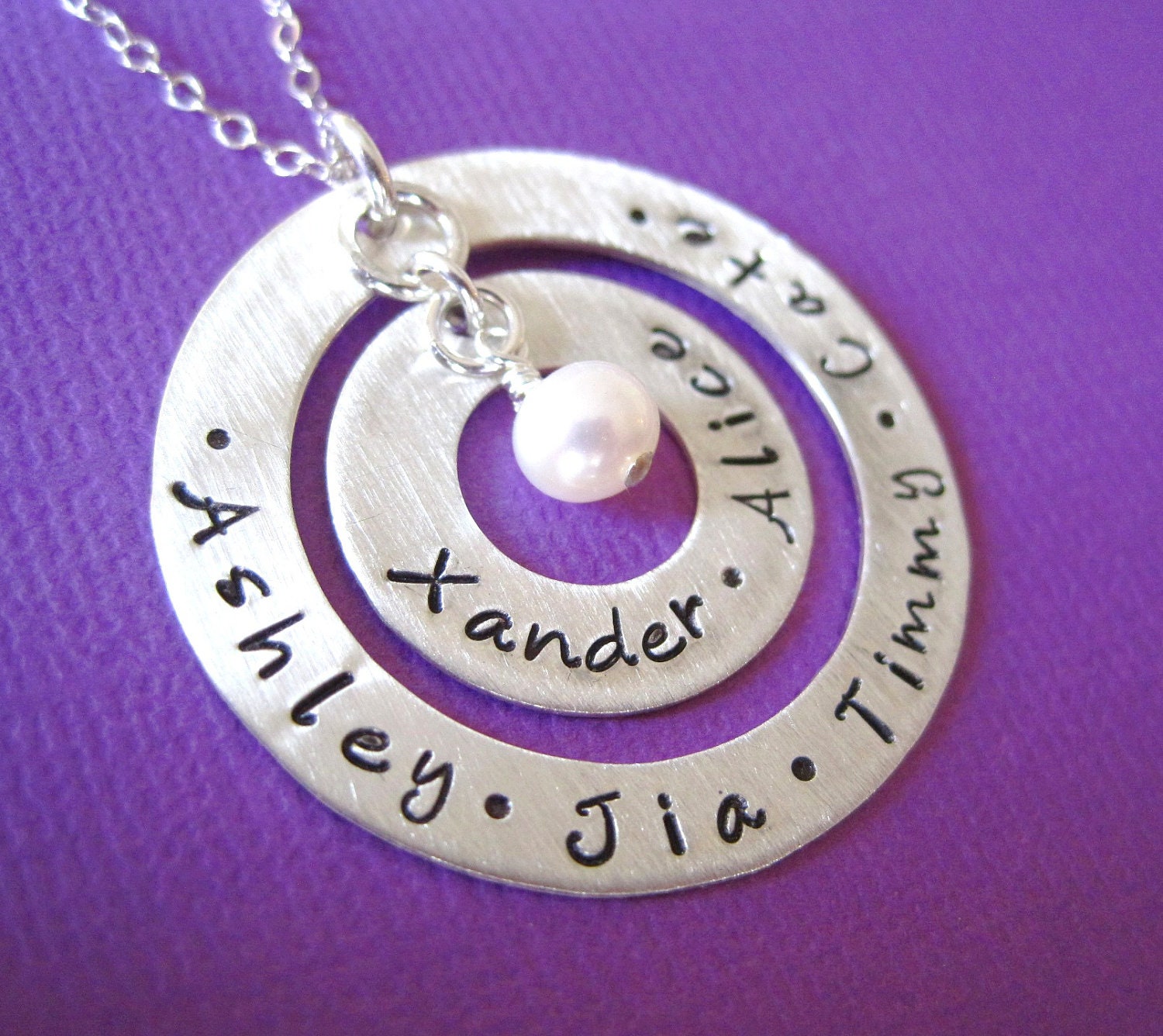 Hand Stamped Jewelry - Personalized  Sterling Silver Necklace - Two Washers with Freshwater Pearl