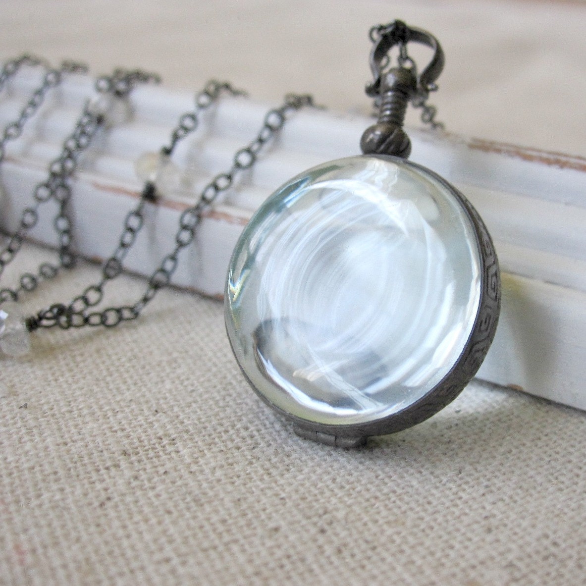 Round Locket, Glass Locket, Moonstone, Oxidized Sterling Silver - J'Adore