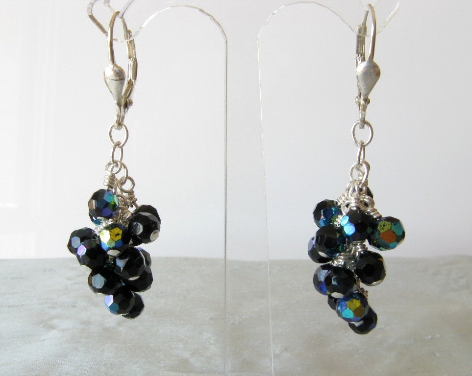 Silver wire wrapped blue black crystal cluster earrings