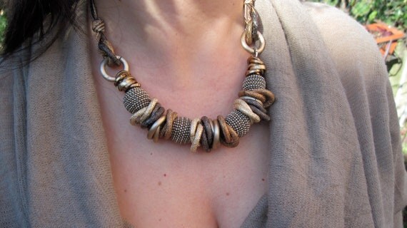 Statement necklace beads, chain and ribbon in bronze, glossed light gold, tan and saddlebrown - haromonius mix of intense colours