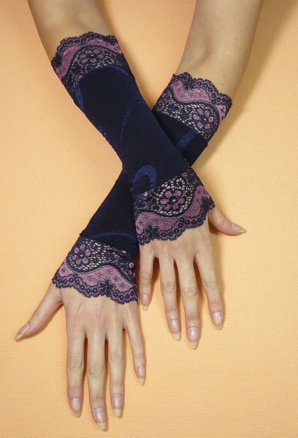 Elegant Gothic Gloves with Lace, Navy Blue and Pink, Dance, Evening Armwarmers, Tribal, Vampire Victorian, Baroque Mittens, Gypsy Style