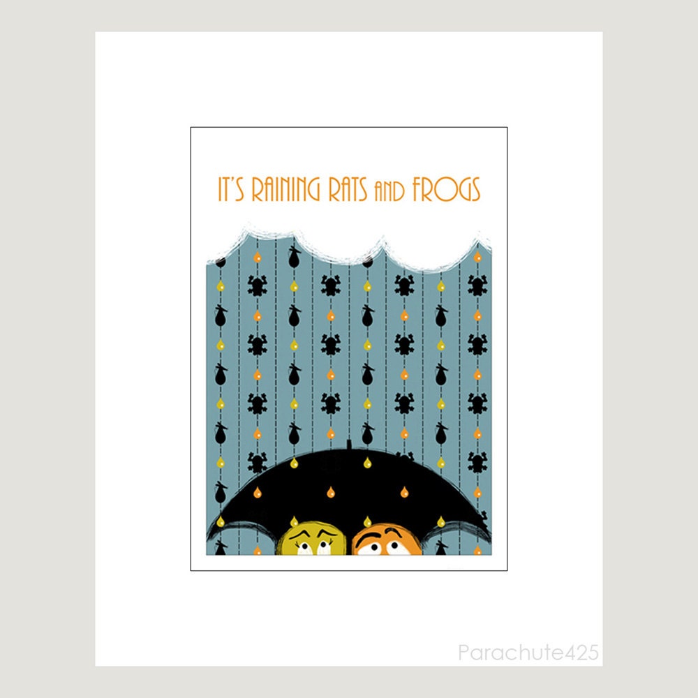 It's Raining Rats and Frogs, 5x7 digital art print, rainy day humor, aqua, orange, chartreuse, black umbrella