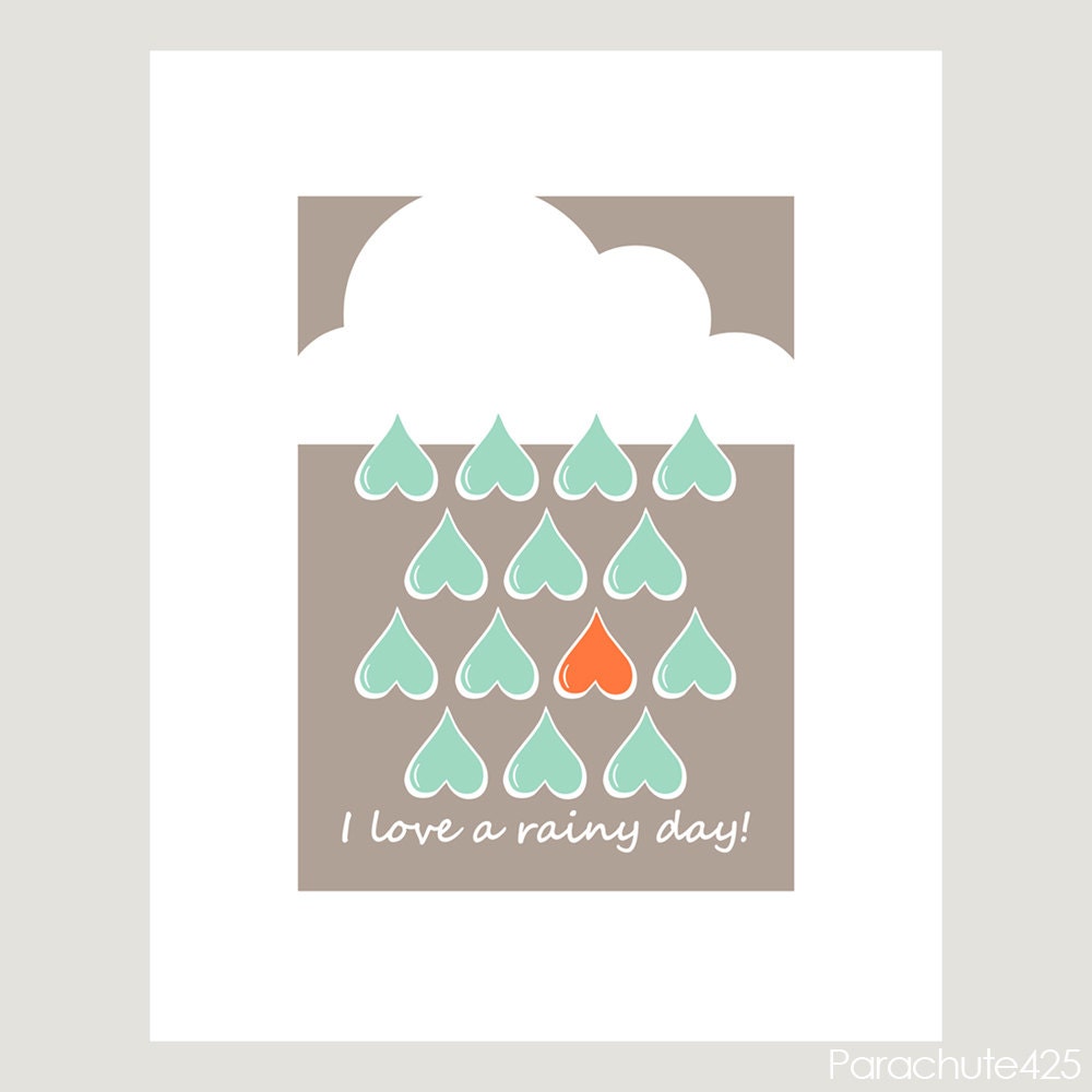Rainy Day Love, 5x7digital print, grey aqua red, home decor