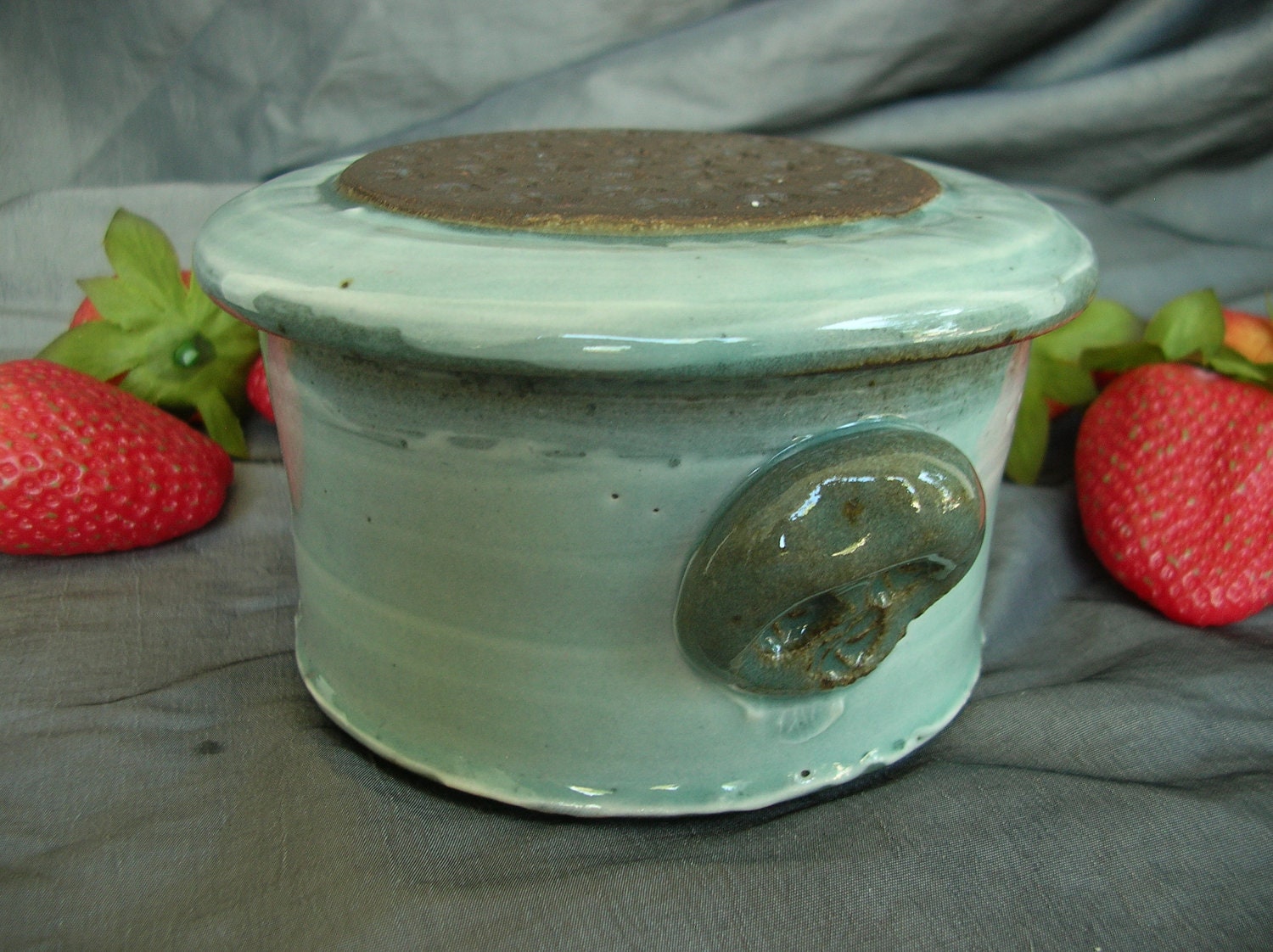 Ceramic Butter Crock, Keeper, Dish, Sugar Jar, Jam Pot in Sky Blue and Black Mountain
